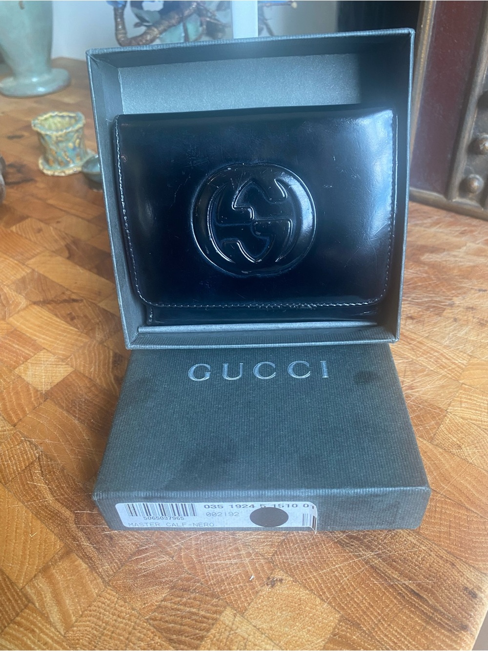 Gucci Black Patent Leather Bifold Wallet w/ Embossed Logo + Box